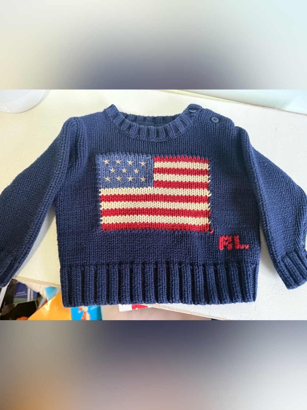 Vintage 3-12 months Ralph Lauren Navy Crewneck Sweater with Flag